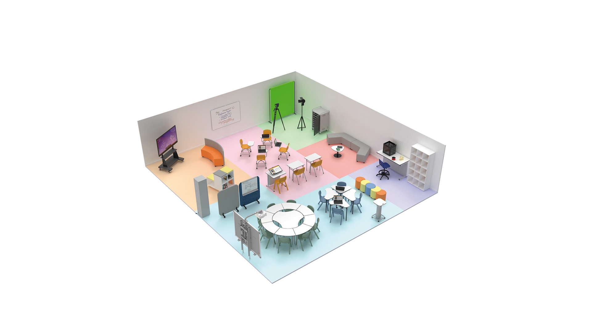 La salle de classe moderne de L'École Numérique est dotée d'un mobilier coloré, de tables rondes et rectangulaires, de chaises, d'un écran vert, d'étagères, d'un téléviseur, d'un appareil photo et d'un tableau blanc. La salle est divisée en différentes zones d'activités.