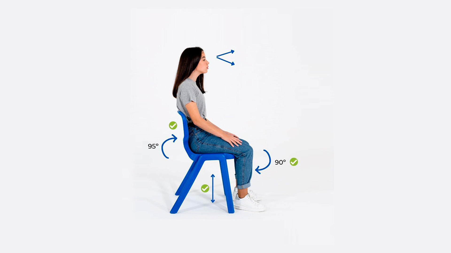 Une femme est assise bien droite sur une chaise bleue avec une posture ergonomique correcte, montrant comment l'ergonomie et le bon choix des tables et des chaises à l'école sont essentiels à la réussite scolaire. Les flèches bleues et les coches soulignent l'alignement correct.