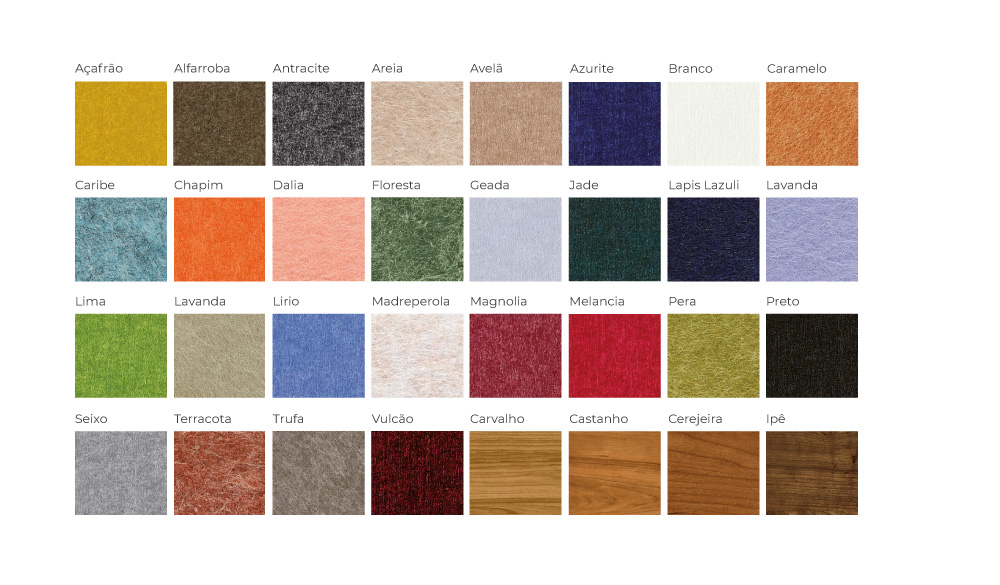 Un tableau présentant 32 échantillons de tissus colorés, chacun étiqueté avec un nom de couleur en portugais, disposés en quatre rangées sur un fond blanc, idéal pour explorer les finitions-mobilier scolaire et bureau.